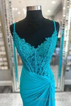 Jade Appliques Straps Twist Knot Mermaid Satin Long Prom Dresses