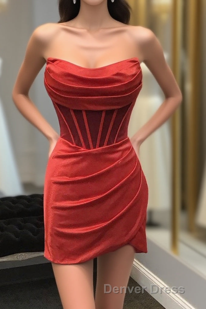 Strapless Pleated Red Satin Homecoming Dresses