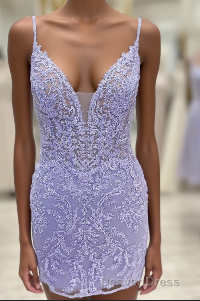 Plunging Neck Lavender Embroidery Bodycon Homecoming Dresses Main image
