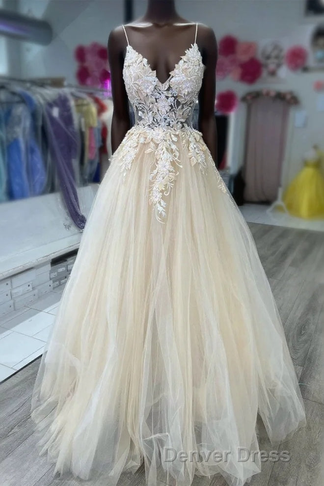 V-Neck Champagne Appliques Long Prom Dresses with Straps Main image