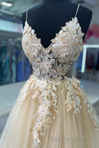 V-Neck Champagne Appliques Long Prom Dresses with Straps