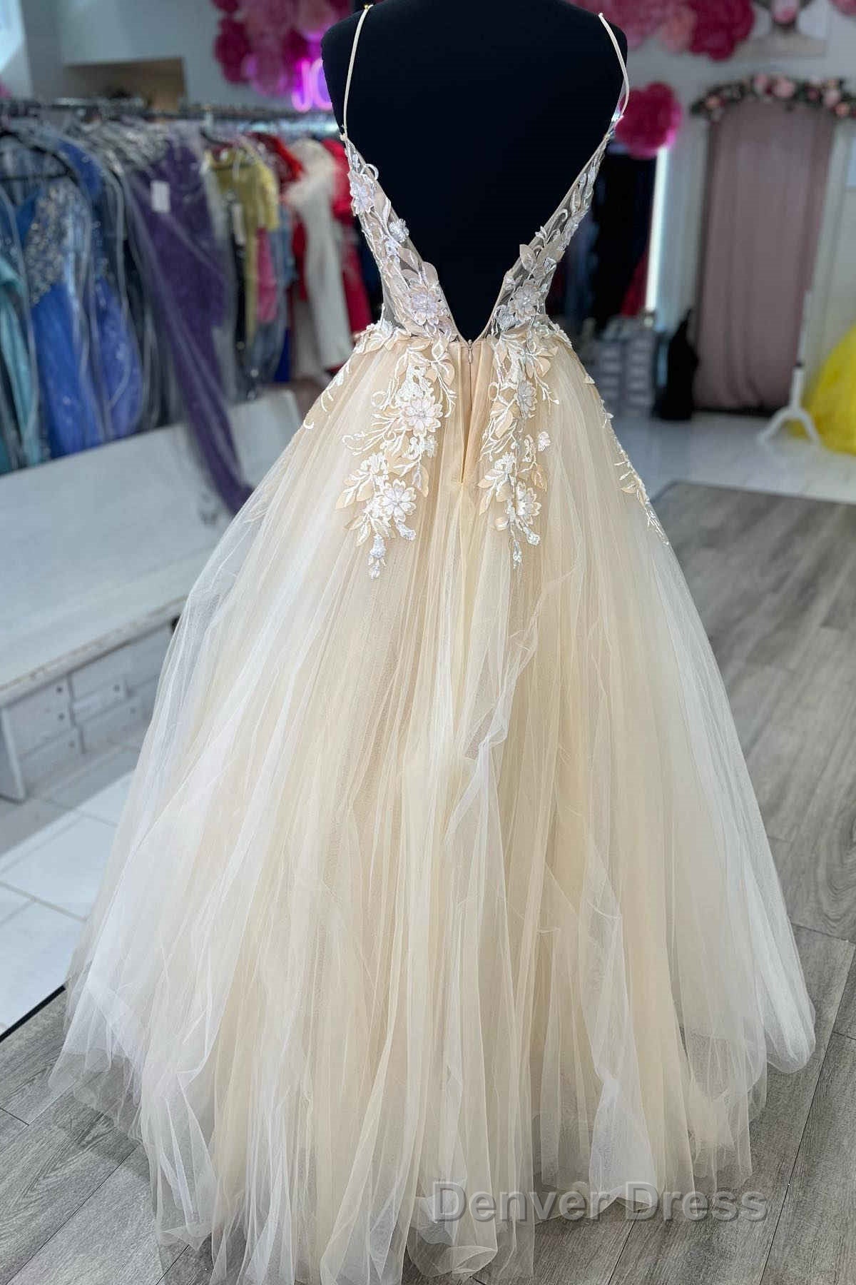 V-Neck Champagne Appliques Long Prom Dresses with Straps