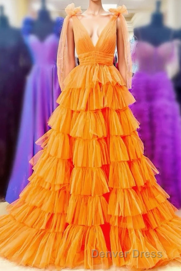 Bow Straps Orange V Neck Ruffled Tulle Long Prom Dresses with Slit
