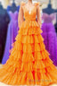 Bow Straps Orange V Neck Ruffled Tulle Long Prom Dresses with Slit