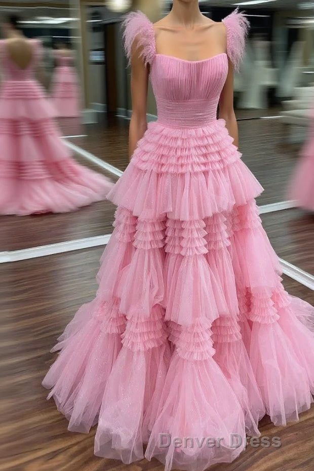 Cold Shoulder Pink Feathers A-Line Tiered Prom Dresses Main image