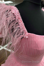Cold Shoulder Pink Feathers A-Line Tiered Prom Dresses