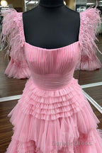Cold Shoulder Pink Feathers A-Line Tiered Prom Dresses