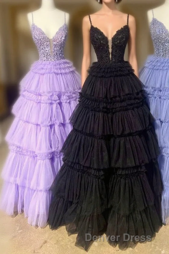 Plunging V Neck Straps Appliques Layered Prom Dresses Main image