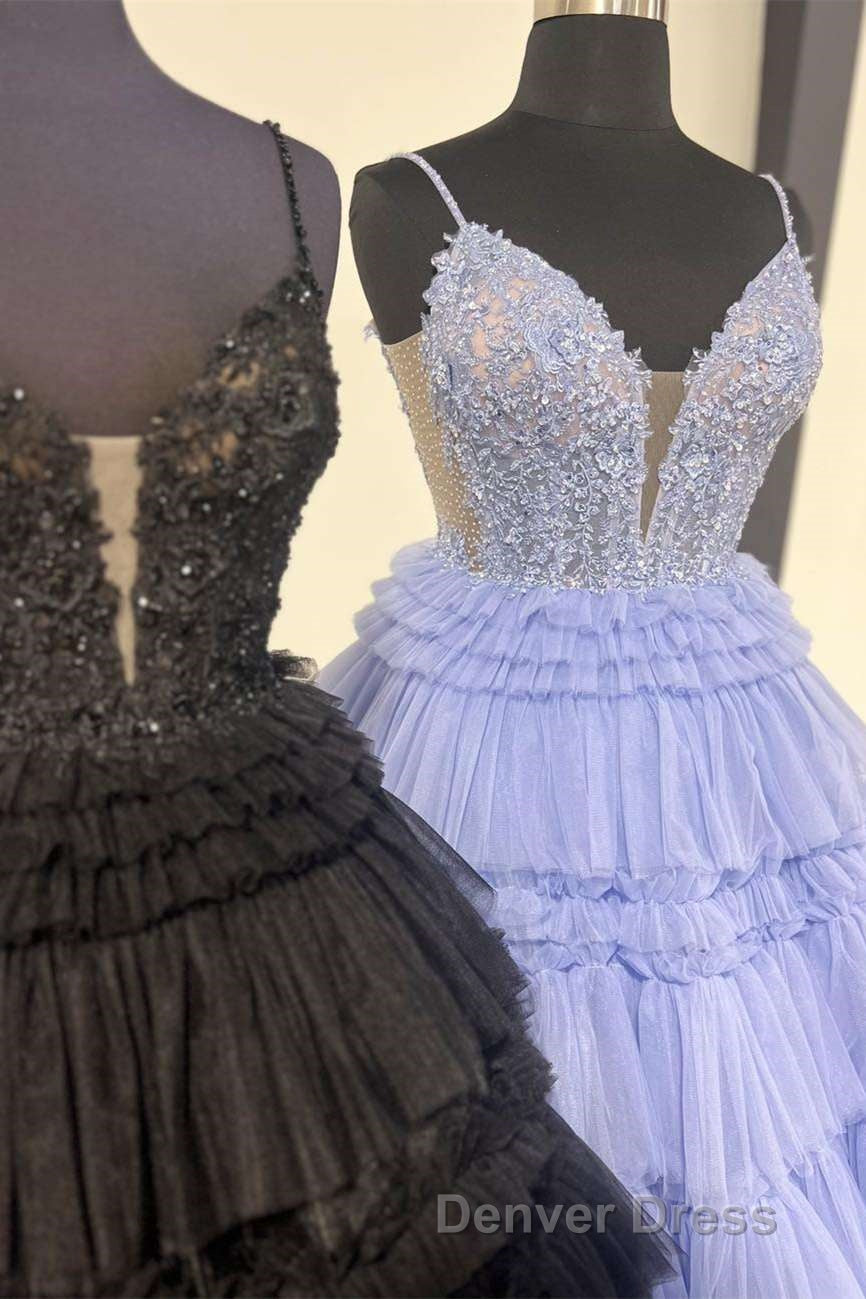 Plunging V Neck Straps Appliques Layered Prom Dresses