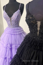Plunging V Neck Straps Appliques Layered Prom Dresses