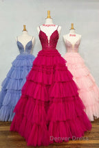 Plunging V Neck Straps Appliques Layered Prom Dresses