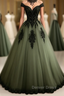 Green A Line Tulle Prom Dresses Off The Shoulder Prom Gowns