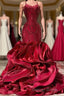 Fabulous Burgundy Long Mermaid Spaghetti Straps Satin Lace Prom Dresses