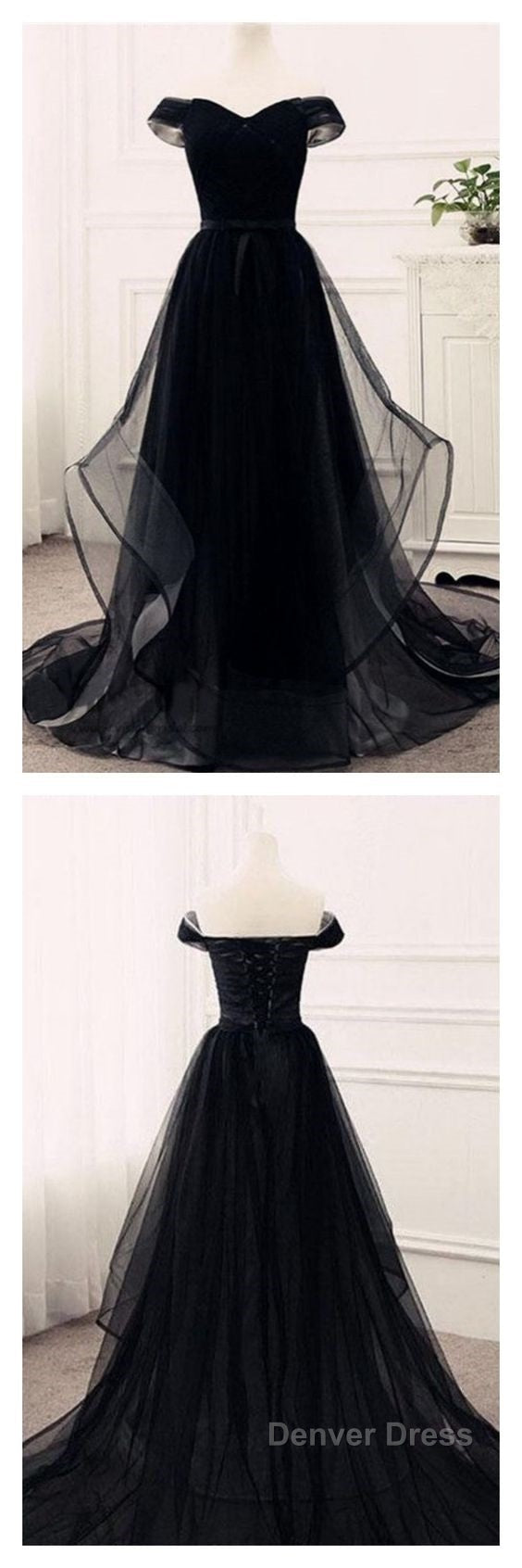 Flowy Tulle Off Shoulders Tulle Black Prom Dresses Secondary image