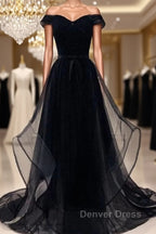 Flowy Tulle Off Shoulders Tulle Black Prom Dresses