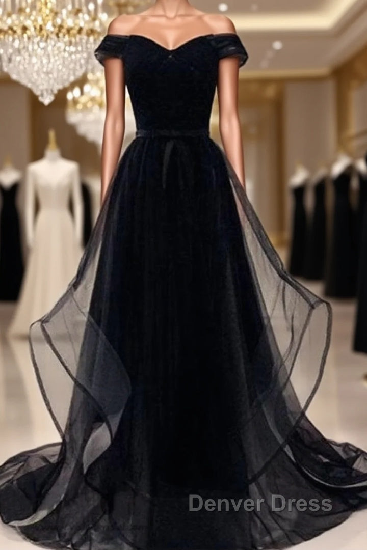 Flowy Tulle Off Shoulders Tulle Black Prom Dresses