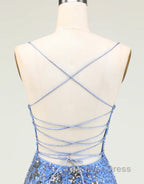 Glitter Blue Spaghetti Straps Beaded Sequins Short Tight Homecoming Dresses