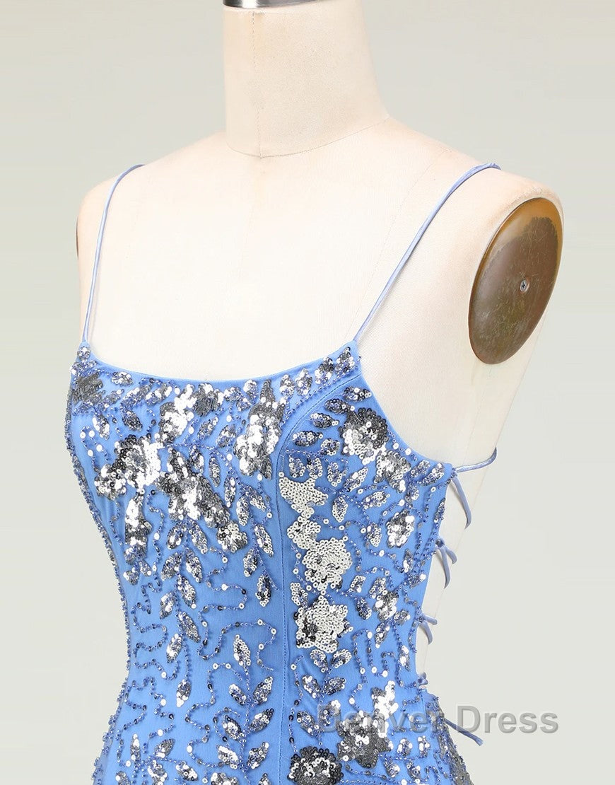Glitter Blue Spaghetti Straps Beaded Sequins Short Tight Homecoming Dresses