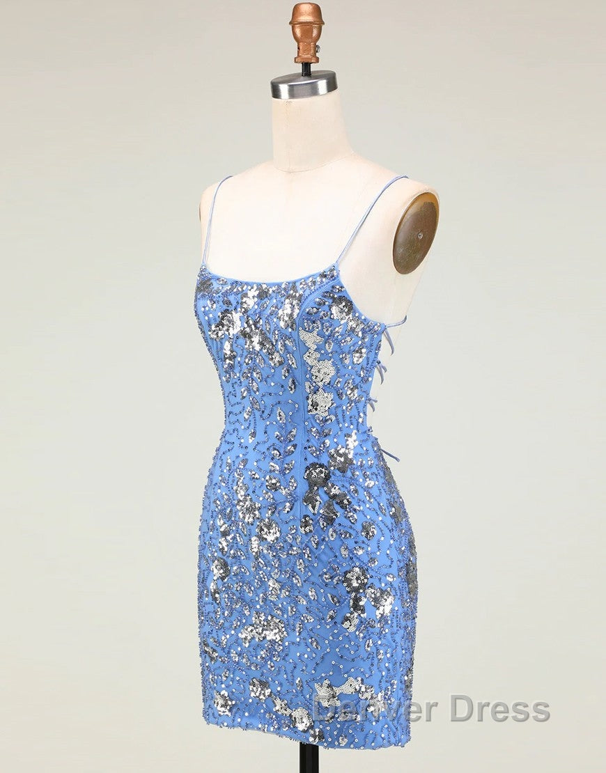 Glitter Blue Spaghetti Straps Beaded Sequins Short Tight Homecoming Dresses Secondary image