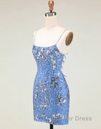 Glitter Blue Spaghetti Straps Beaded Sequins Short Tight Homecoming Dresses