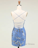 Glitter Blue Spaghetti Straps Beaded Sequins Short Tight Homecoming Dresses