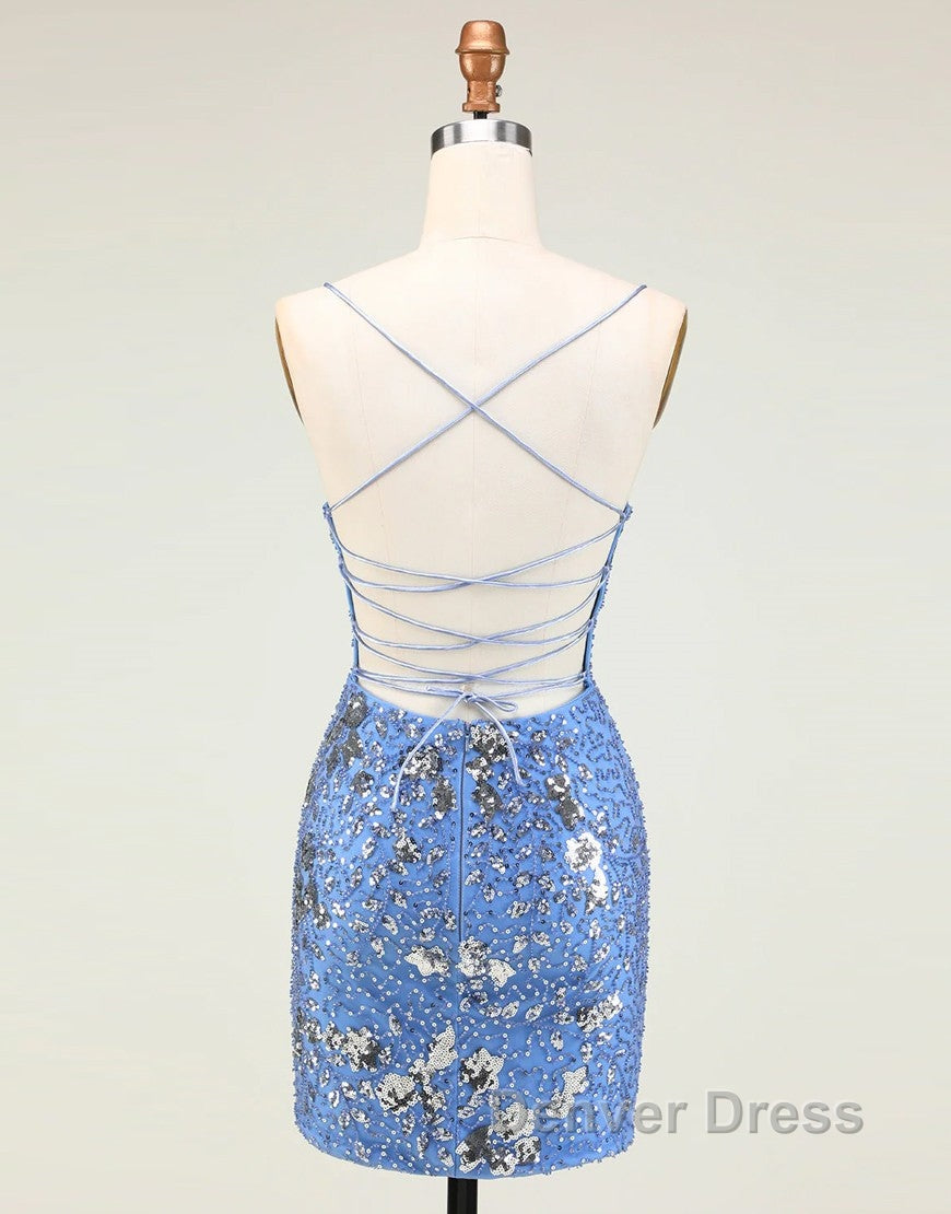 Glitter Blue Spaghetti Straps Beaded Sequins Short Tight Homecoming Dresses