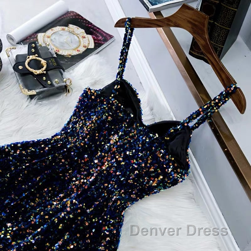 Glitter Navy Blue Sequin Short Prom Dresses Secondary image