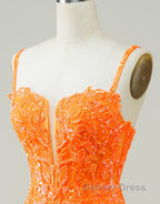 Glitter Orange Spaghetti Straps Orange Tight Sequined Homecoming Dresses