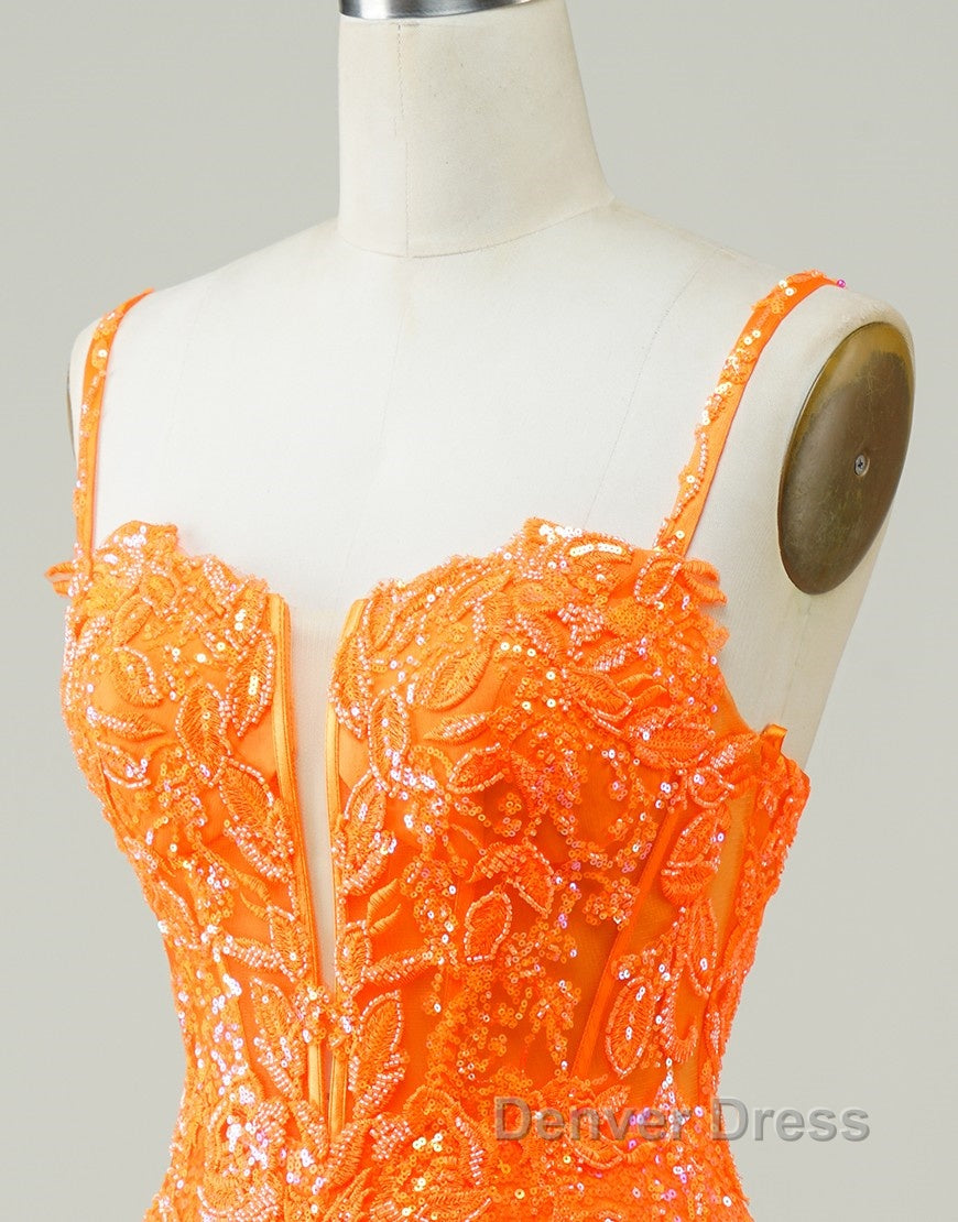 Glitter Orange Spaghetti Straps Orange Tight Sequined Homecoming Dresses