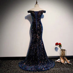 Glitter navy Sequins Off Shoulders Tight Fit Formal Prom Dress