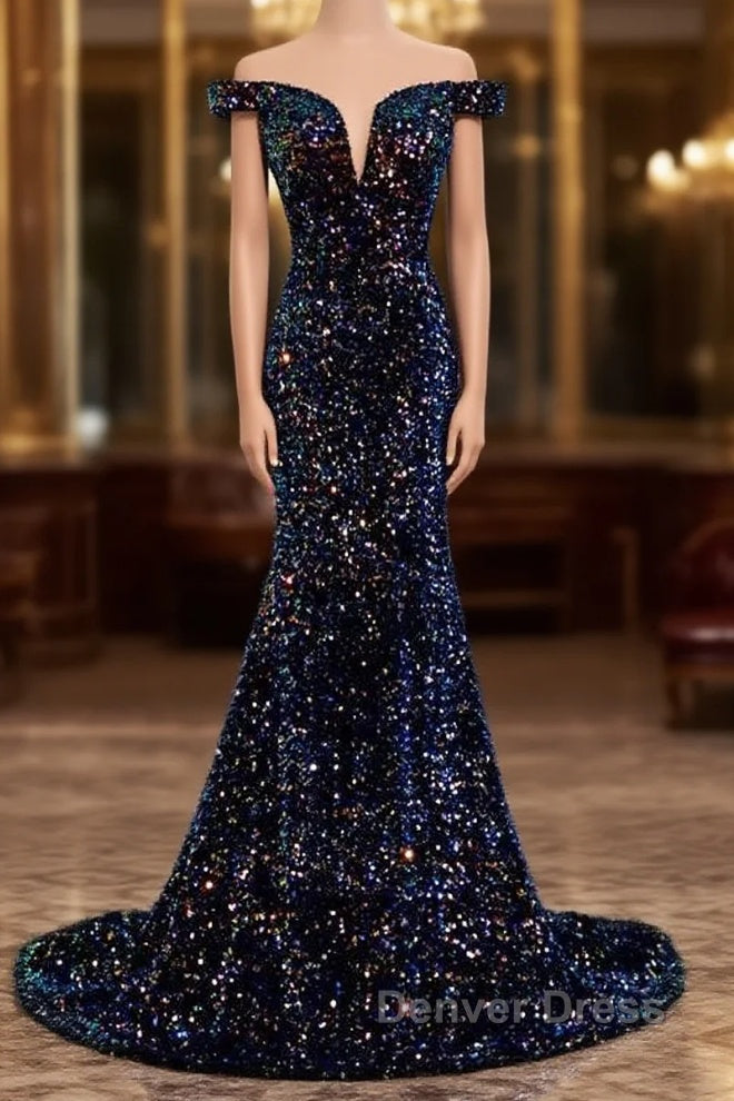 Glitter navy Sequins Off Shoulders Tight Fit Formal Prom Dresses Main image