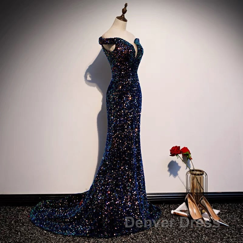Glitter navy Sequins Off Shoulders Tight Fit Formal Prom Dresses