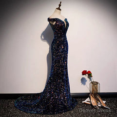 Glitter navy Sequins Off Shoulders Tight Fit Formal Prom Dress