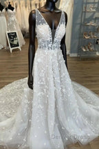 Gorgeous A-Line V-Neck Open Back Chapel Train Wedding Dresses