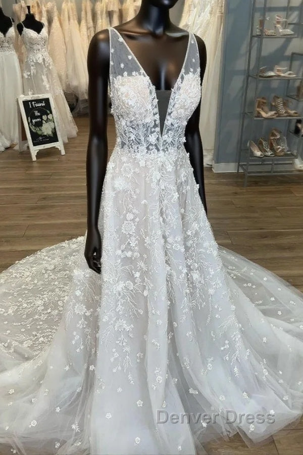 Gorgeous A Line V Neck Open Back Chapel Train Wedding Dresses Main image