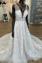 Gorgeous A Line V Neck Open Back Chapel Train Wedding Dresses