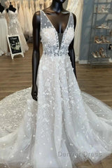 Gorgeous A-Line V-Neck Open Back Chapel Train Wedding Dresses