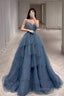 Gorgeous Blue Sparkly Tulle Beaded Prom Dresses, Tiered Prom Gowns with Rhinestone