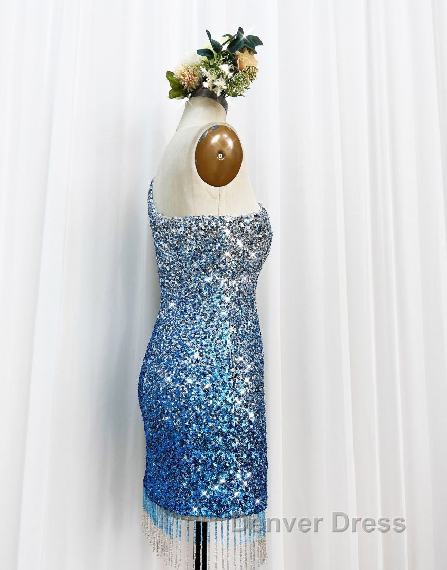 Gorgeous Sparkly Sequin One Shoulder Tight Homecoming Dresses With Fringe Secondary image