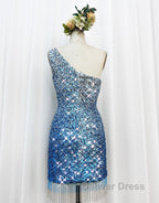 Gorgeous Sparkly Sequin One Shoulder Tight Homecoming Dresses With Fringe