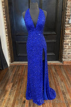Gorgeous Detachable Train Mermaid Royal Blue Sequins Prom Dresses