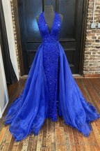 Gorgeous Detachable Train Mermaid Royal Blue Sequins Prom Dresses