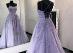 Lilac Lace Applique Back Open with Train Bridal Party Dresses
