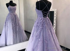 Lilac Lace Applique Back Open with Train Bridal Prom Dresses
