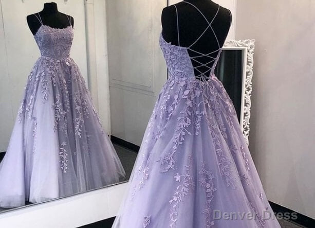 Lilac Lace Applique Back Open with Train Bridal Prom Dresses