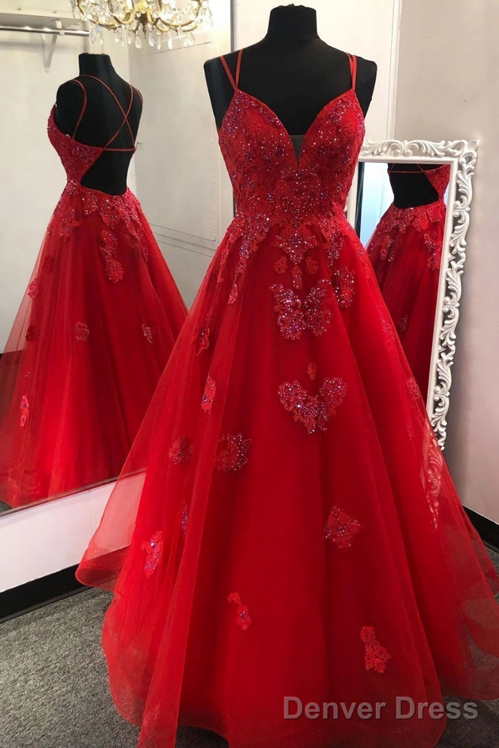 Gorgeous V Neck Backless Red Lace Prom Dress 2026 Backless Red Lace Pr