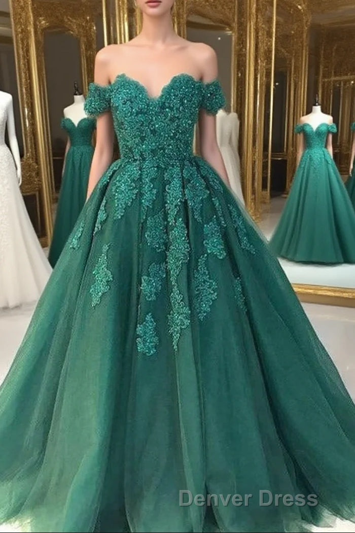 Off Shoulder Lace A Line Long Custom Prom Dresses