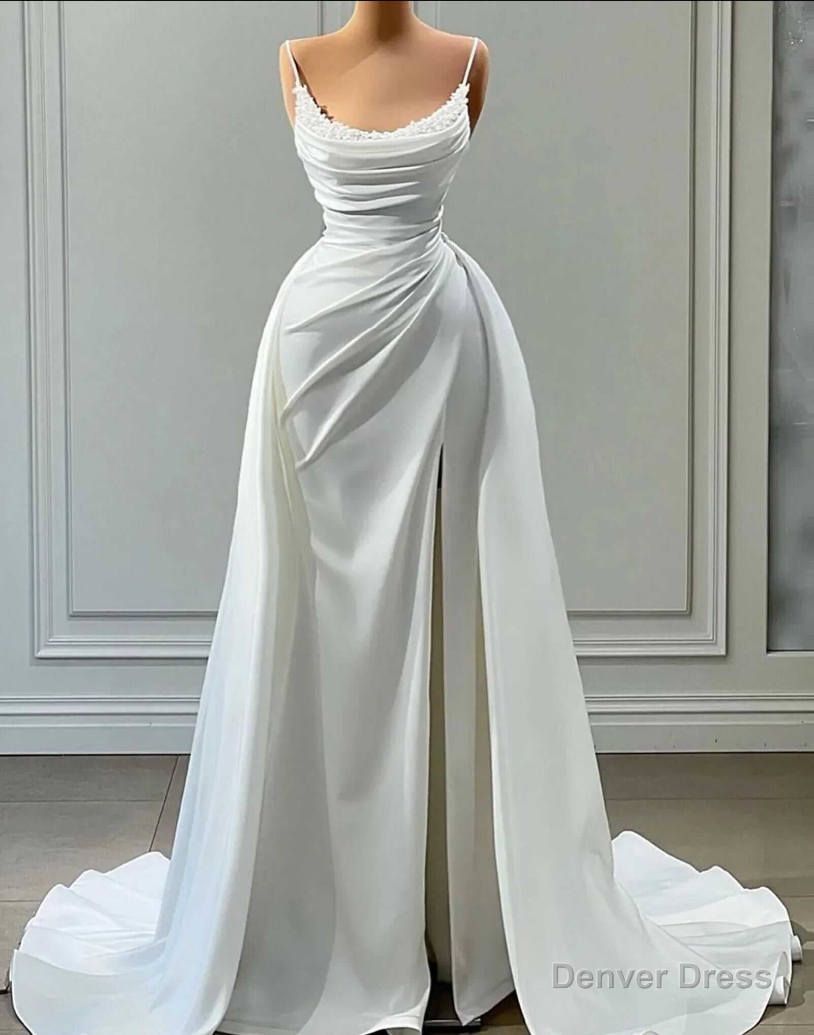 Beautiful White Long A-line Spaghetti Straps Wedding Dresses With Beads Main image
