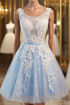 Light Blue Tulle Lace Applique Short Homecoming Dresses with Straps