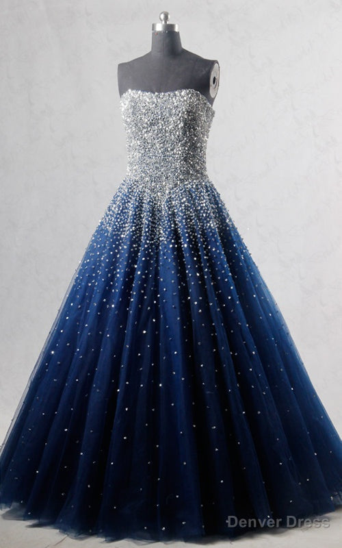 Royal Blue Strapless Sleeveless Beading Sequined Tulle Floor Length Long Prom Dresses